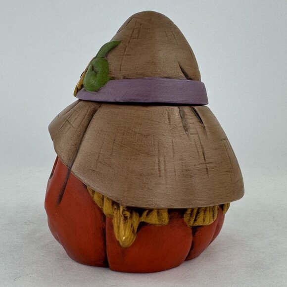 Vintage Ceramic Pumpkin Jar With Scarecrow Hat Lid Harvest Jack-O-Lantern 5.5" - Picture 3 of 11